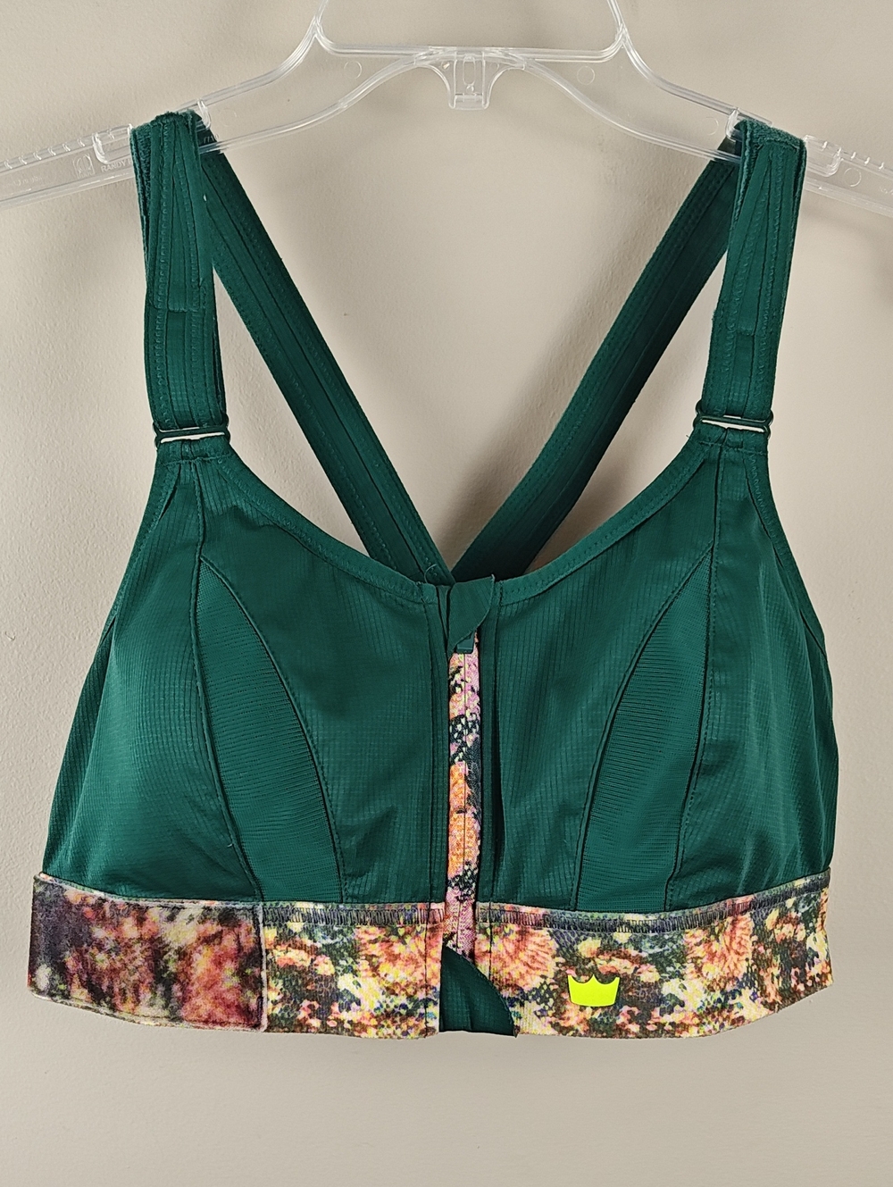 SHEFIT Emerald Green Front-Closure Sports Bra with Floral Band